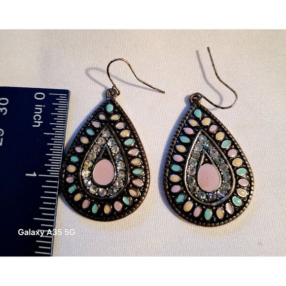 Teardrop Earrings With Pastel Stones & Rhinestones Boho Chic Design 2 Inches Met - Picture 2 of 4